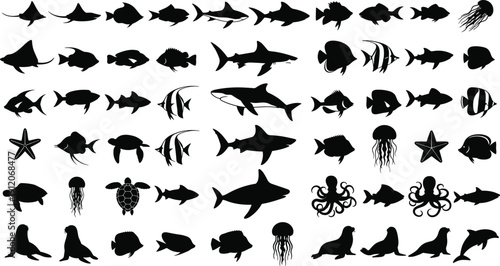 Large sea life silhouette collection, ocean animals vector set, shark, fish, turtle, octopus, jellyfish, seal icons, marine wildlife, isolated on white, 20 words.
