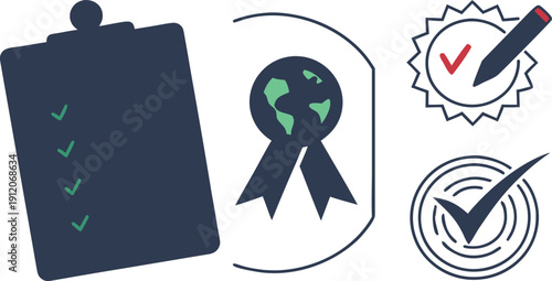 A collection of icons representing quality assurance certification and successful task completion verification.