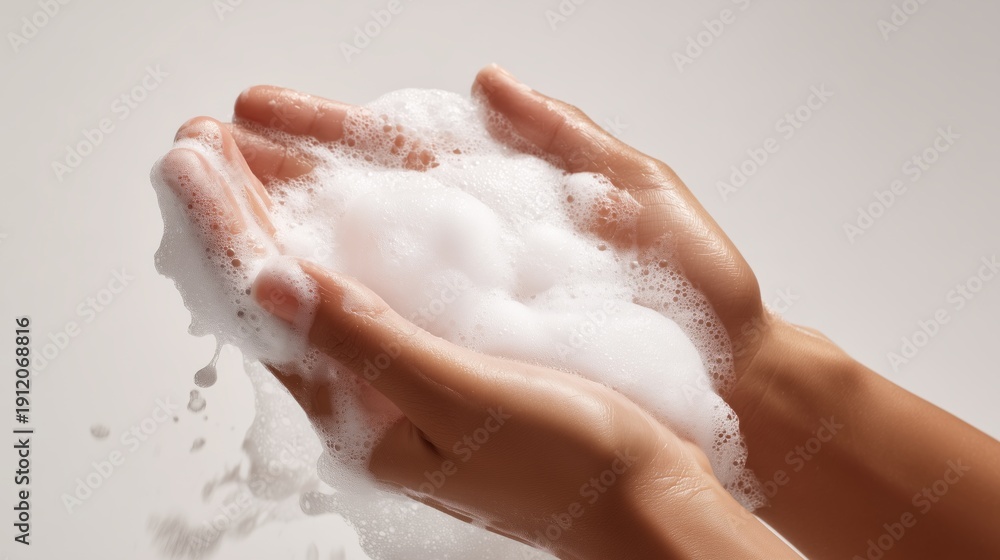 Fototapeta premium hands washing with dense white soap foam studio closeup