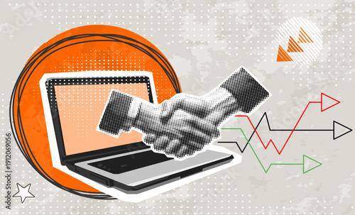 Trendy Halftone Collage with Human Hands Shaking on screen laptop. Business and modern technologies. Art collage.  Concept of business, success, teamwork. Deal agreement. Partners work together. 
