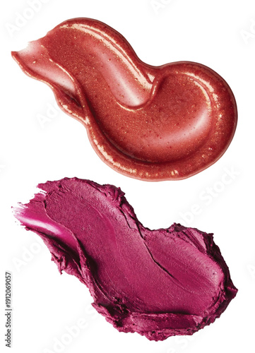 Cosmetic swatches with metallic bronze and berry shades