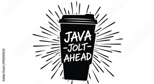 Black coffee cup with java jolt ahead text