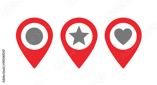 Three red location pins with different gray icons