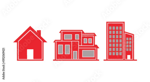 Red icons of house, residential building and highrise building