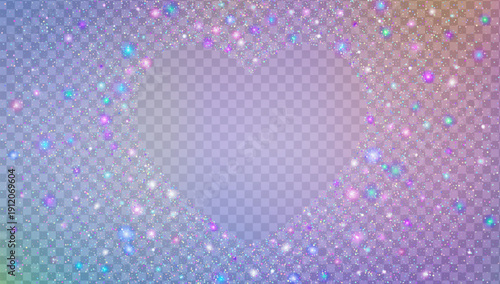Glitter Sequins In Heart Shape. Holographic Shiny Sparkles For Carnaval And Party. Rainbow Valentine And Wedding Background. Iridescent Brilliant Light.  Pink Glitter Sequins For Love Concept