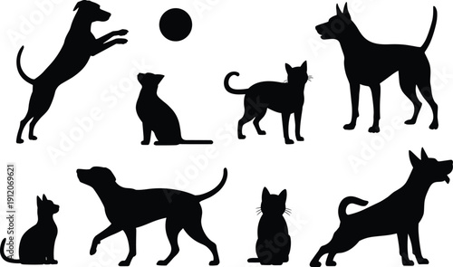 Vector collection of dog and cat silhouettes, domestic pets set with animals playing and sitting, isolated black icons on white background for veterinary design.
