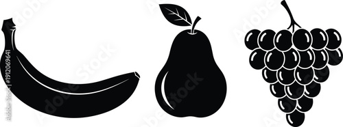 Vector collection of fruit silhouettes set, banana pear and grape icons, healthy organic food symbols isolated on white background for kitchen design.