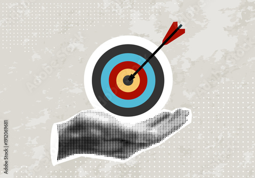 Halftone hands holding target with an arrow in the center. Modern collage. Successful business concept. Reach the goal. Darts in hand. Trendy newspaper cut out paper elements	