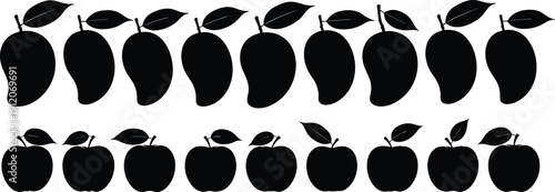Vector collection of mango and apple silhouettes, organic fruit icons set with leaves, healthy food symbols isolated on white background for kitchen design.