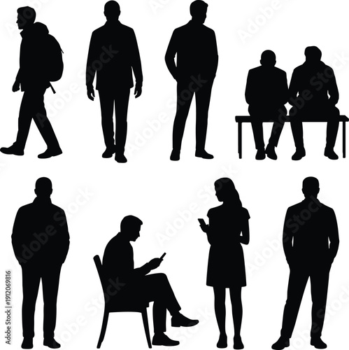 Urban people silhouettes featuring walking, standing, sitting on bench, and smartphone use, diverse everyday lifestyle characters isolated on white background vector illustration set.