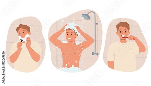 Young Man Morning Hygiene Routine Set.  Shaving, Taking Shower and Brushing Teeth. Vector Illustration
