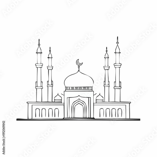 Simple line drawing of a mosque with domes and minarets.