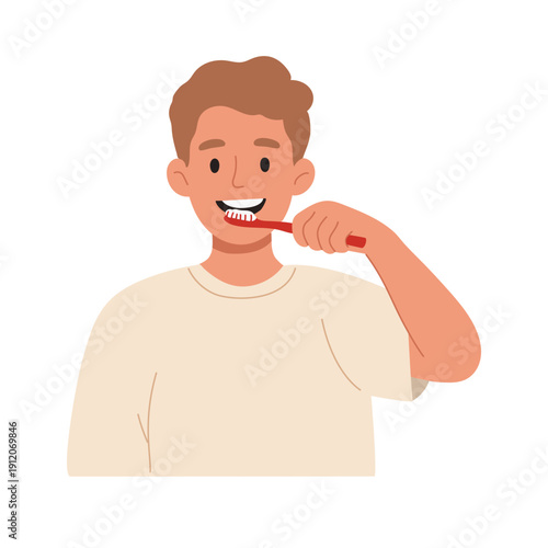 Young man brushing his teeth, cartoon vector illustration isolated on white background.