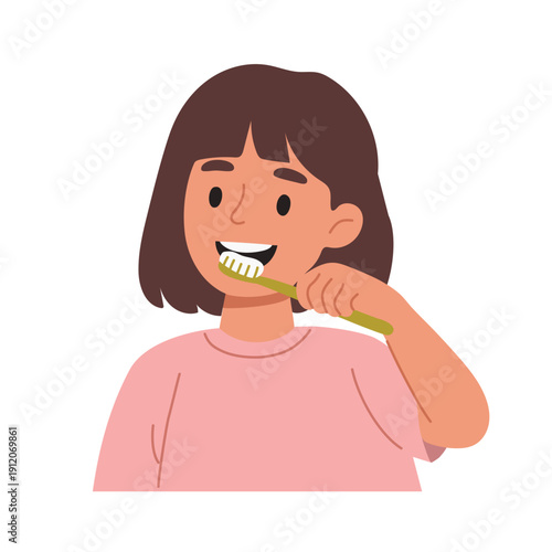 Girl brushing her teeth, cartoon vector illustration isolated on white background.