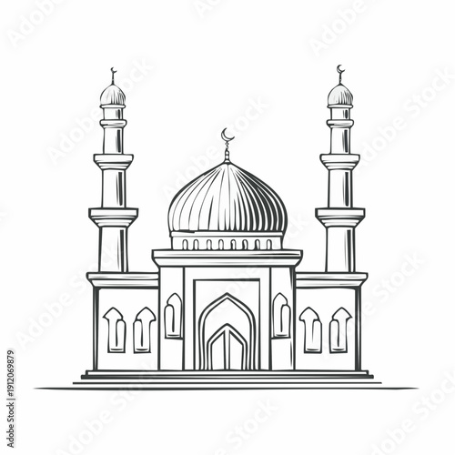 Simple line drawing of a mosque with a central dome and two minarets.