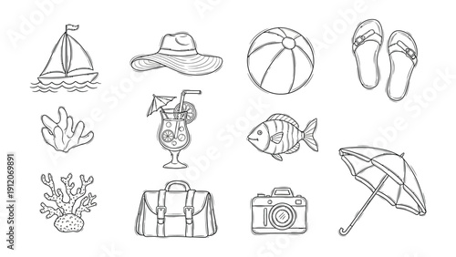 Summer Vacation Essentials: An array of delightful hand-drawn illustrations representing the quintessential elements of a sun-soaked getaway.