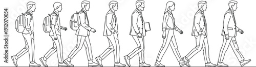 Collection of Eight Detailed Black and White Line Art Illustrations Featuring Men and Women with Backpacks Walking in Profile for Lifestyle Graphic Design Projects