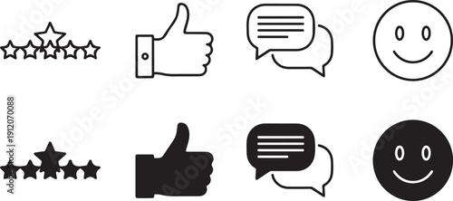 Feedback line icon pack in outline style including rating stars, customer experience, approval, testimonial, comment bubble and recommendation icons. Editable stroke design