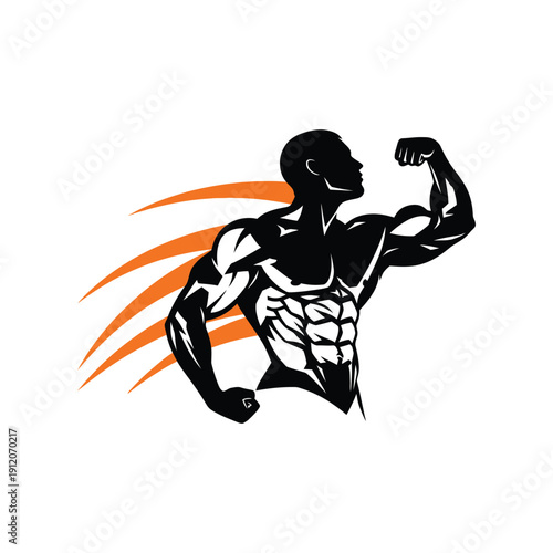 Silhouette bodybuilder flexing muscles with abstract orange streaks