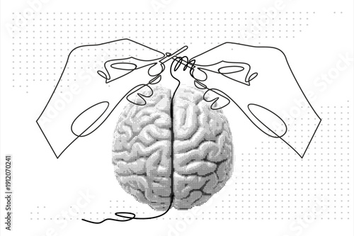 Trendy halftone collage Hands knitting human brain, symbolizing cognitive development. Concept of psychology, mental growth, intelligence, learning, neuroplasticity. Conceptual art. 