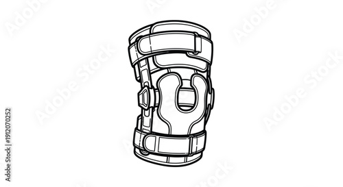 Line drawing of a mechanical knee brace viewed from a frontal perspective