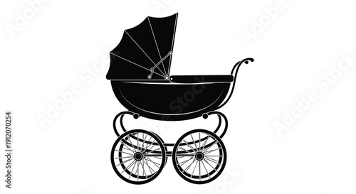 A vintage black silhouette of a classic baby carriage