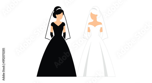 Two brides one in a black gown and one in a white wedding dress