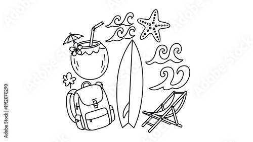 Coastal Summer Sketch: An illustrative view of summer at the coast with beach themed object, capturing the essence of a serene beach setting.