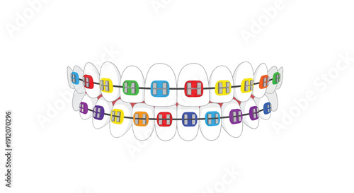 Colorful dental braces on a set of aligned white teeth