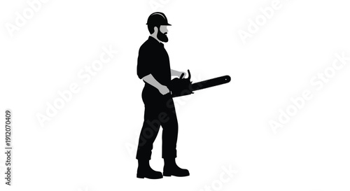 Silhouette of a lumberjack holding a chainsaw against a white background