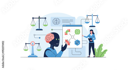 Concept of AI ethics and regulation, featuring a robot, a legal professional, and scales of justice symbolizing law.