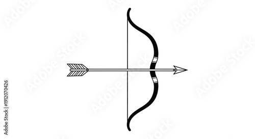 Simple black and white illustration of a bow and arrow centrally positioned