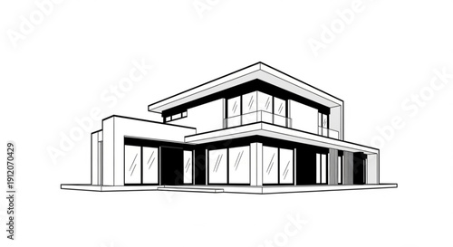 Modern two story house with large windows and flat roof design architectural blueprint or building plan illustration