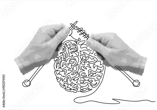 Trendy halftone collage Hands knitting human brain, symbolizing cognitive development. Concept of psychology, mental growth, intelligence, learning, neuroplasticity. Conceptual art. 
