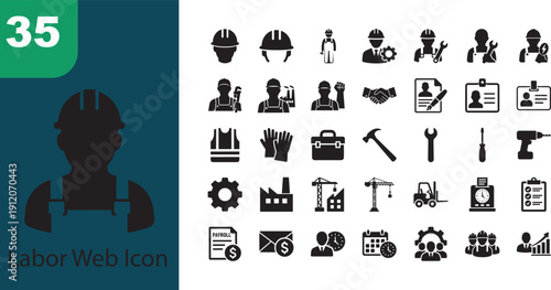 Labor web icon set with workforce, tools and construction outline vector symbols pack.
