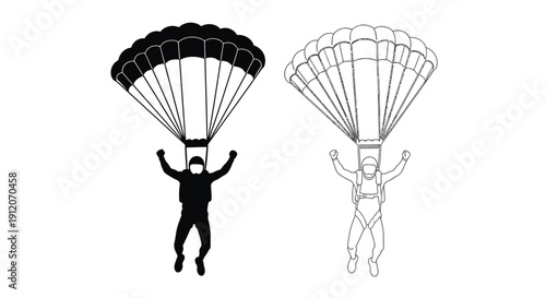 Two illustrations of a skydiver with an open parachute one in solid black and one in outline