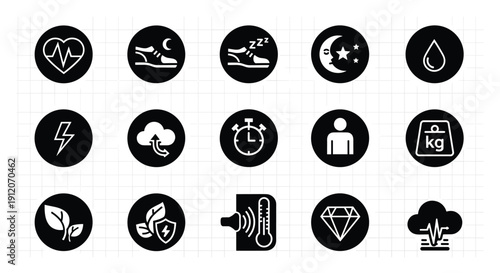 Set of 15 solid black circular glyph icons for a health and fitness tracking application on a white background.
