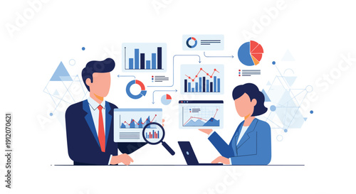 Business team, a man and a woman, collaboratively analyzing various charts and data visualizations for market research and strategy.
