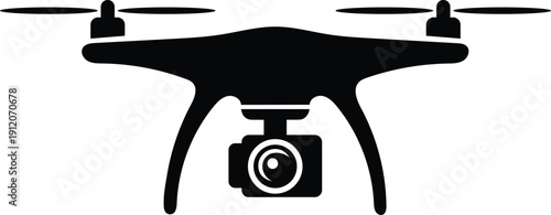Modern black silhouette of a quadcopter drone with a camera gimbal suspended underneath isolated on transparent background