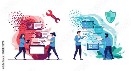 Juxtaposition of a team fixing a critical system failure versus a team successfully managing a secure and stable IT system.