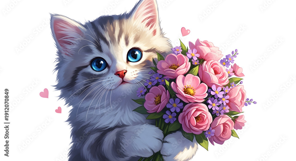 Fototapeta Cartoon kitten with bouquet on white backdrop
