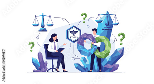 Professionals engage in a discussion about complex business ethics and moral dilemmas, symbolized by scales of justice and questions.