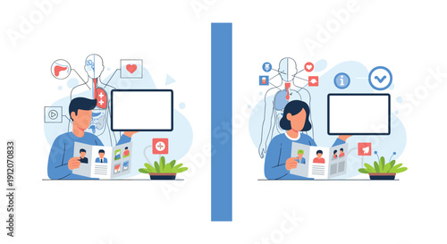 Man and woman reviewing patient information brochures while holding blank tablets, with medical and anatomical illustrations.