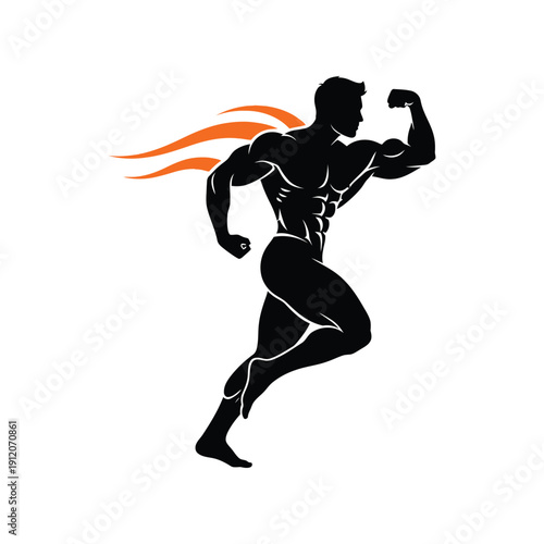 Silhouette of muscular man flexing, symbolizing strength and fitness, with wing accents