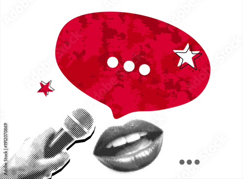 Trendy Halftone Collage speech bubble, smiling mouth and microphone in hand. Collage banner would be fine for interview, podcast, news, public speaker or karaoke and singing.Halftone mouth and mic. 
