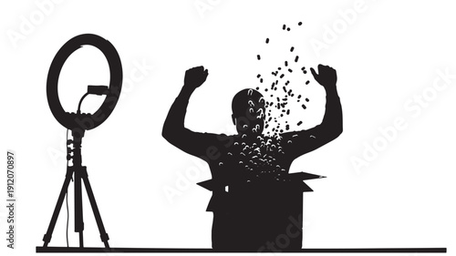 Man bursting out of shirt with ring light on tripod beside him celebrating success in studio setting