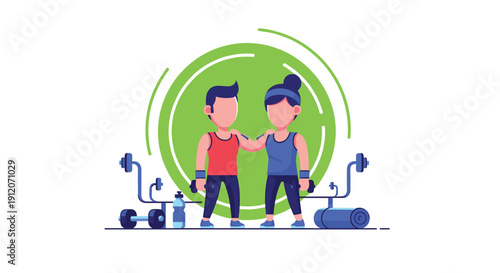 A supportive man and woman acting as workout buddies at the gym, surrounded by fitness equipment like barbells and dumbbells.