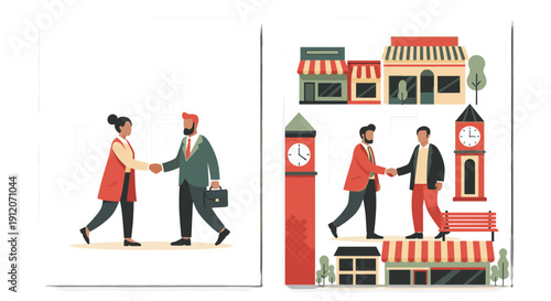 Diptych illustrating business partnerships with professionals shaking hands to finalize an agreement in corporate and local town settings.