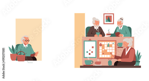 Scenes from a senior living community, showing an elderly woman knitting and a group of friends socializing together happily.