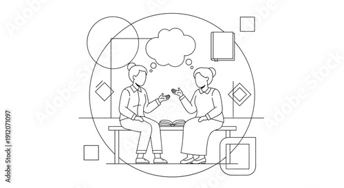 Line art illustration of two women engaged in a meaningful conversation on a bench, with one sharing her thoughts.